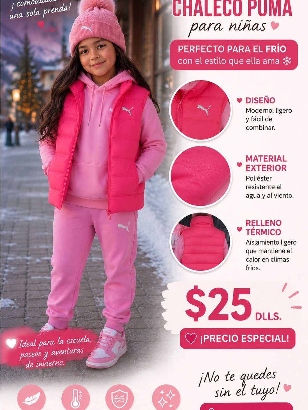 Puma Girls Pink , Joggers and Hot Pink Puffer Vest Set (5-6) XS